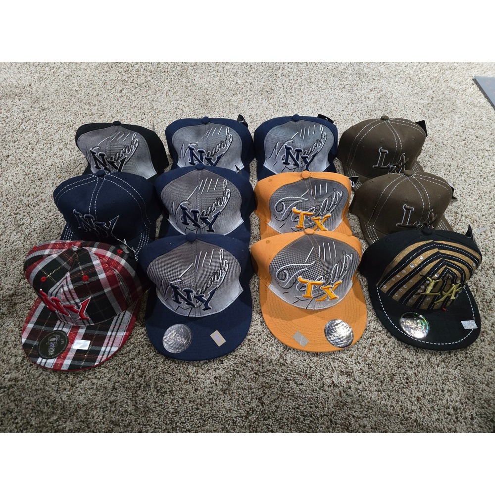 Lot of 12 Cheap Azz Hats! Medium NY LA TX Custom Baseball Caps Gold Plaid Black‎